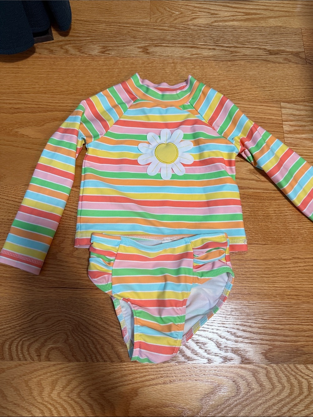Little Me Multi-Color Striped Daisy Rashguard Set - Yellow Pink Green Blue